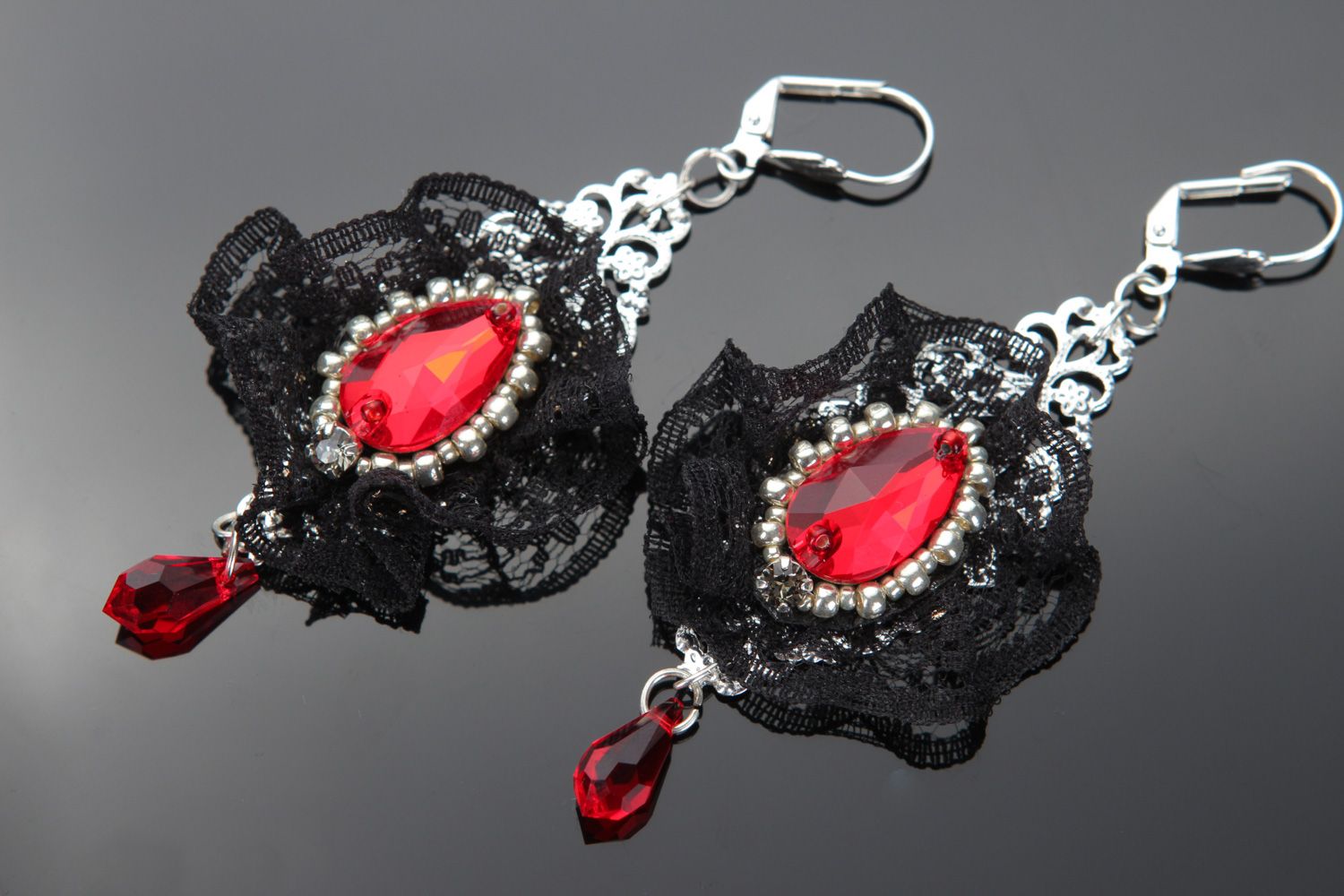 Handmade black and red dangle earrings with lace and Austrian crystals  photo 1
