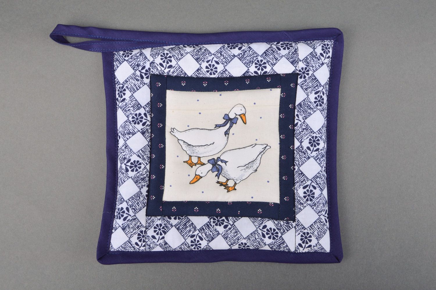 Cute handmade kitchen hot pot holder sewn of cotton and filler with eyelet Geese photo 4