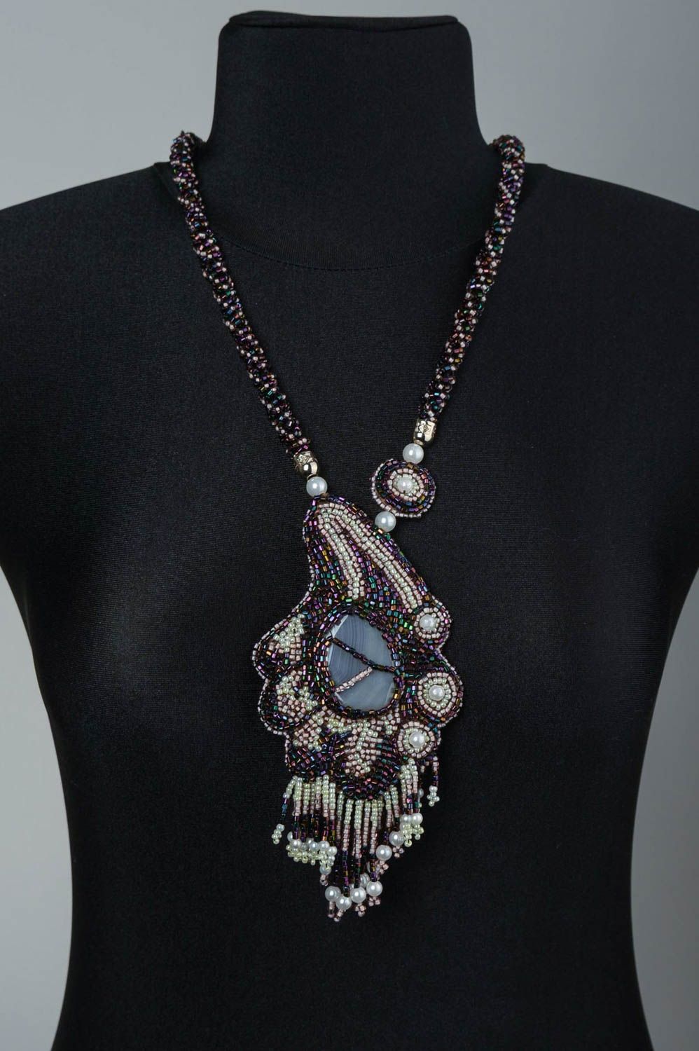 Collier pendentif avec agate Bijou fait main Cadeau femme en perles de rocaille photo 5