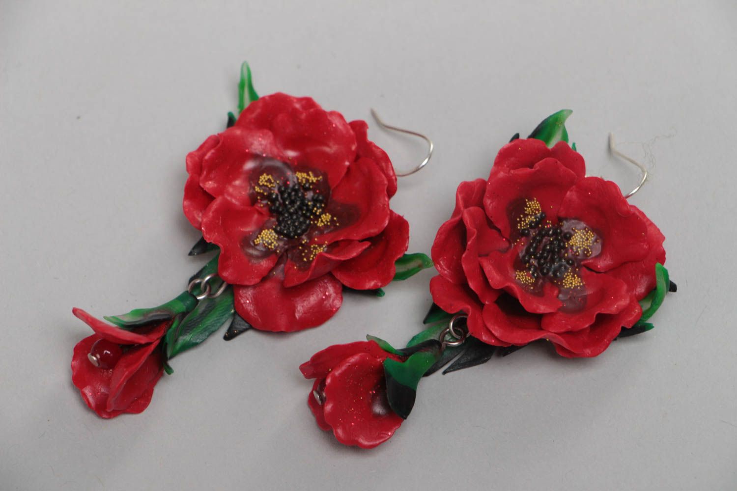 Earrings made of polymer clay in the form of red poppies long handmade jewelry photo 2
