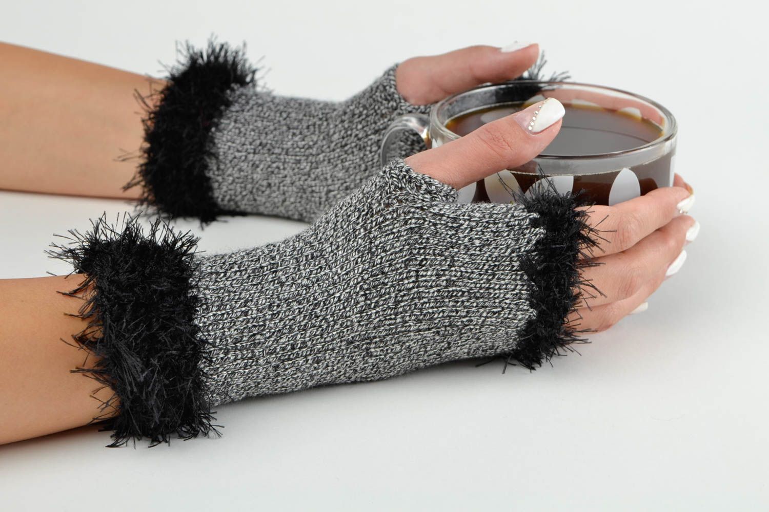 Mitaines tricot fait main Gants mitaines laine acrylique design Accessoire femme photo 1