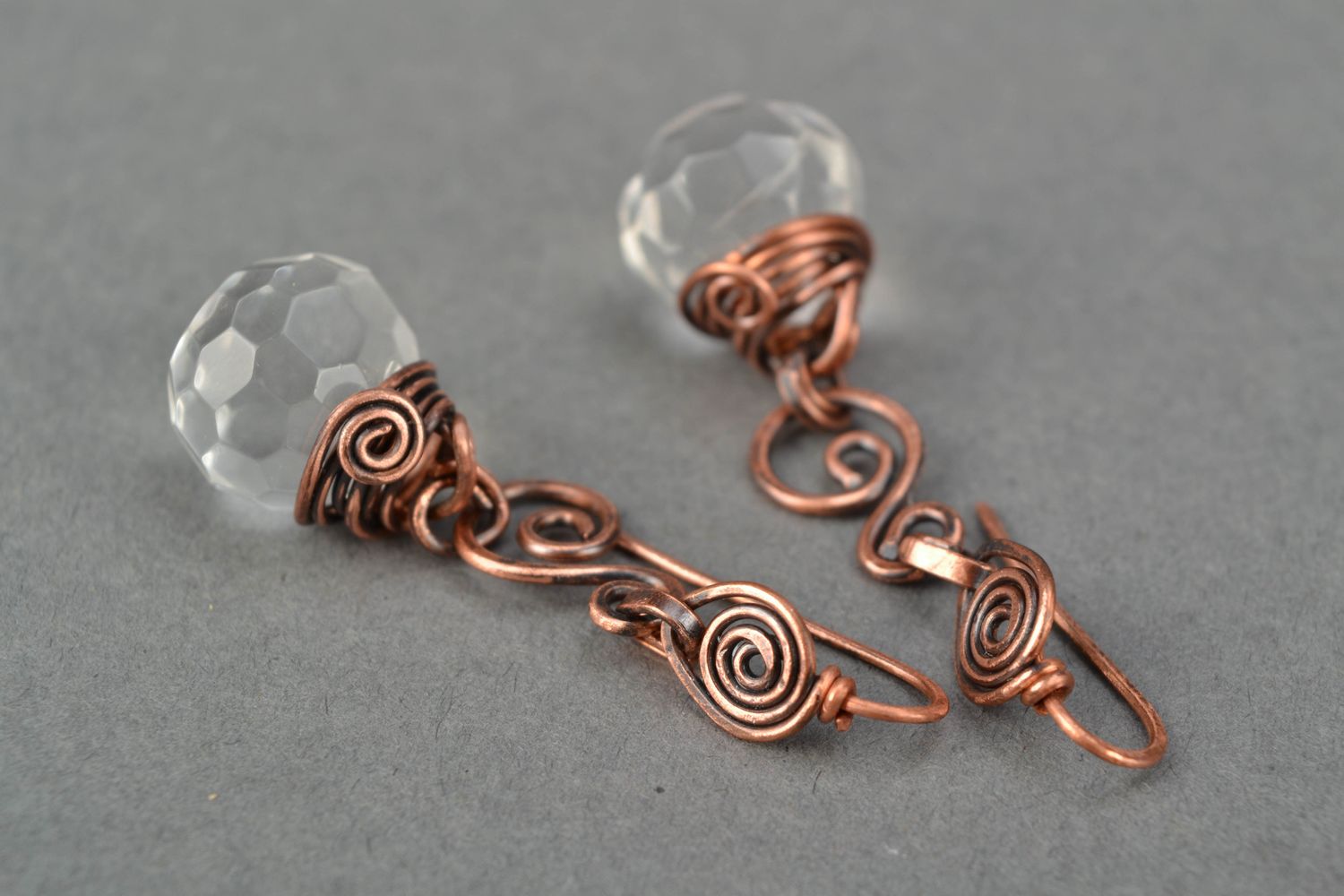 Long wire wrap copper earrings with crystal photo 4