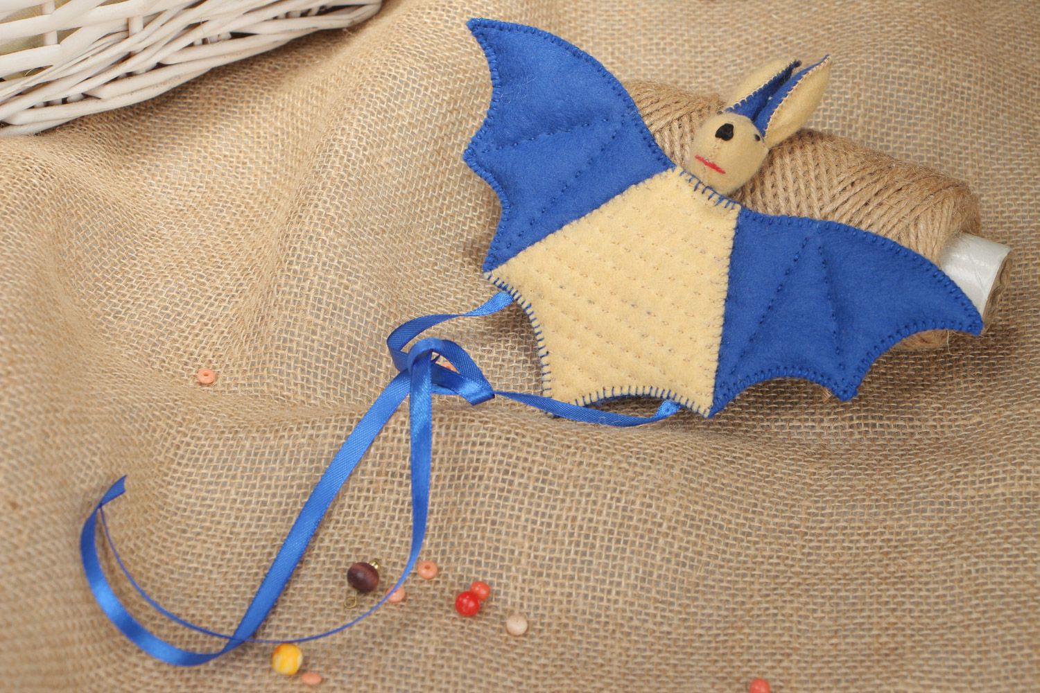 Handmade interior hanging soft toy sewn of felt with applique work Bat photo 1