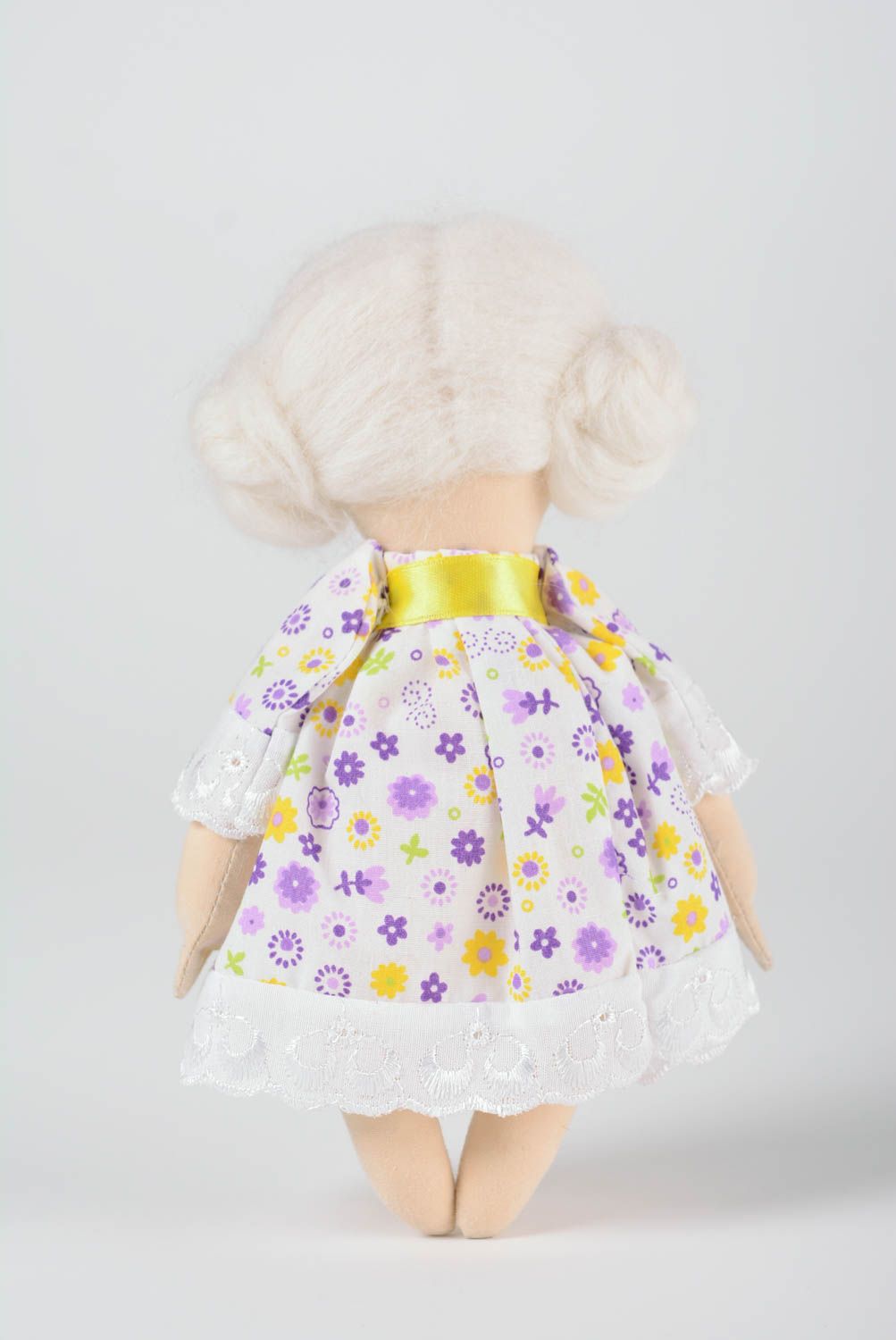 Handmade cotton soft doll with white hair in floral dress painted with acrylics photo 4