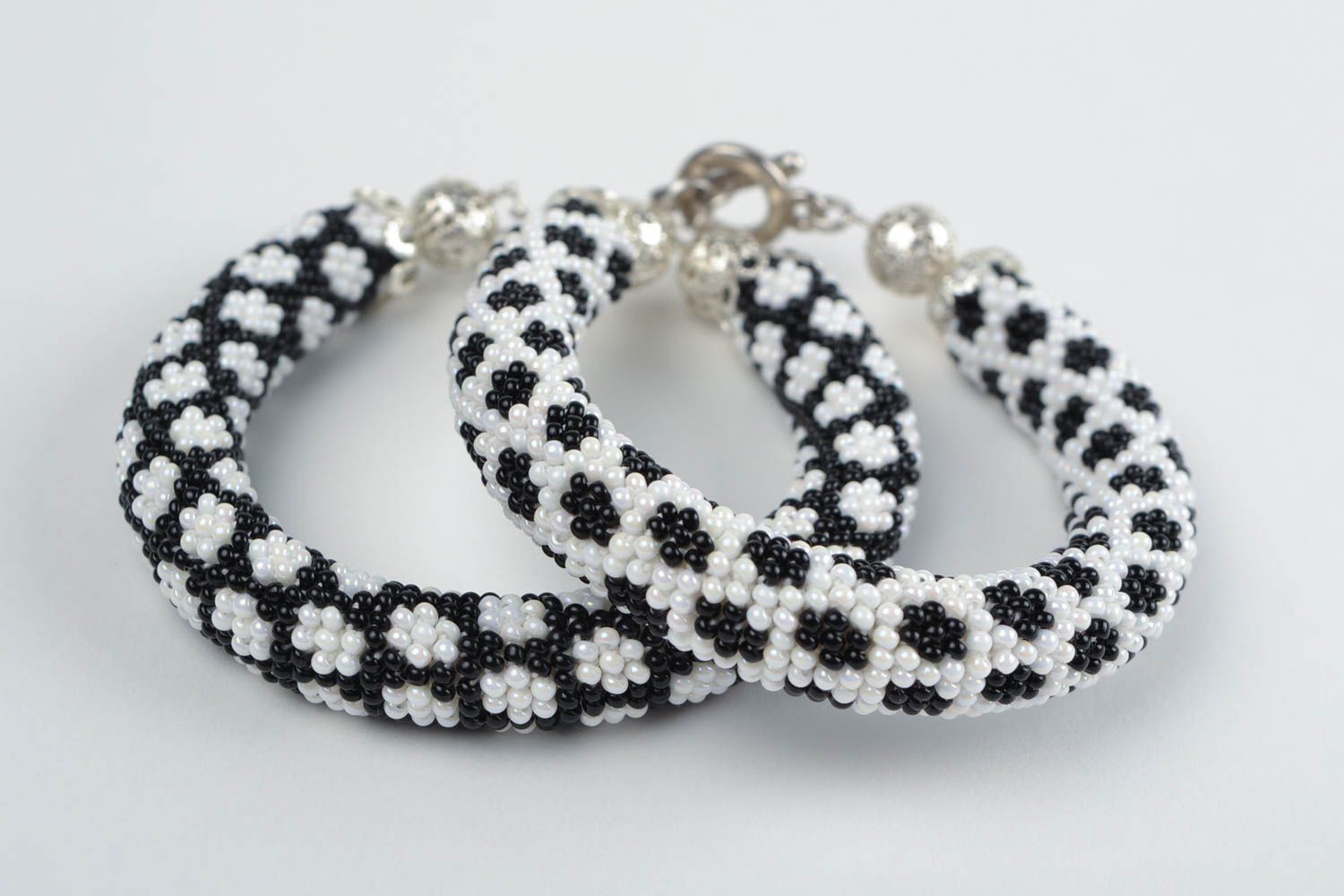 Corded beaded handmade black and white beautiful bracelets set of 2 pieces  photo 4