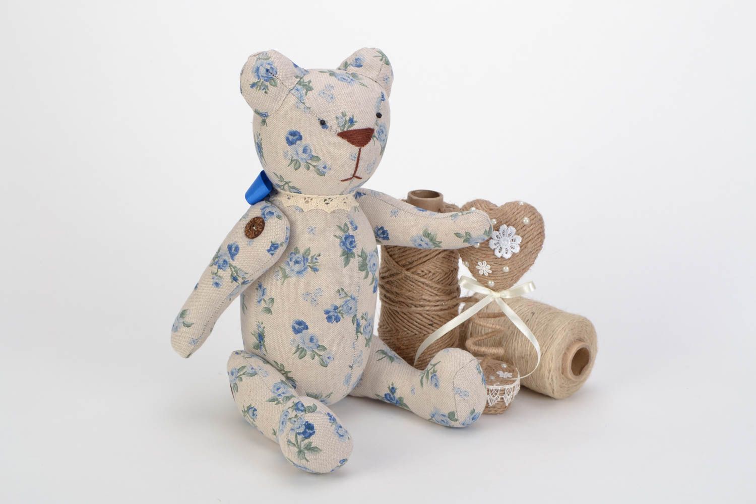 Handmade fabric soft toy bear with flower pattern for home decor photo 1
