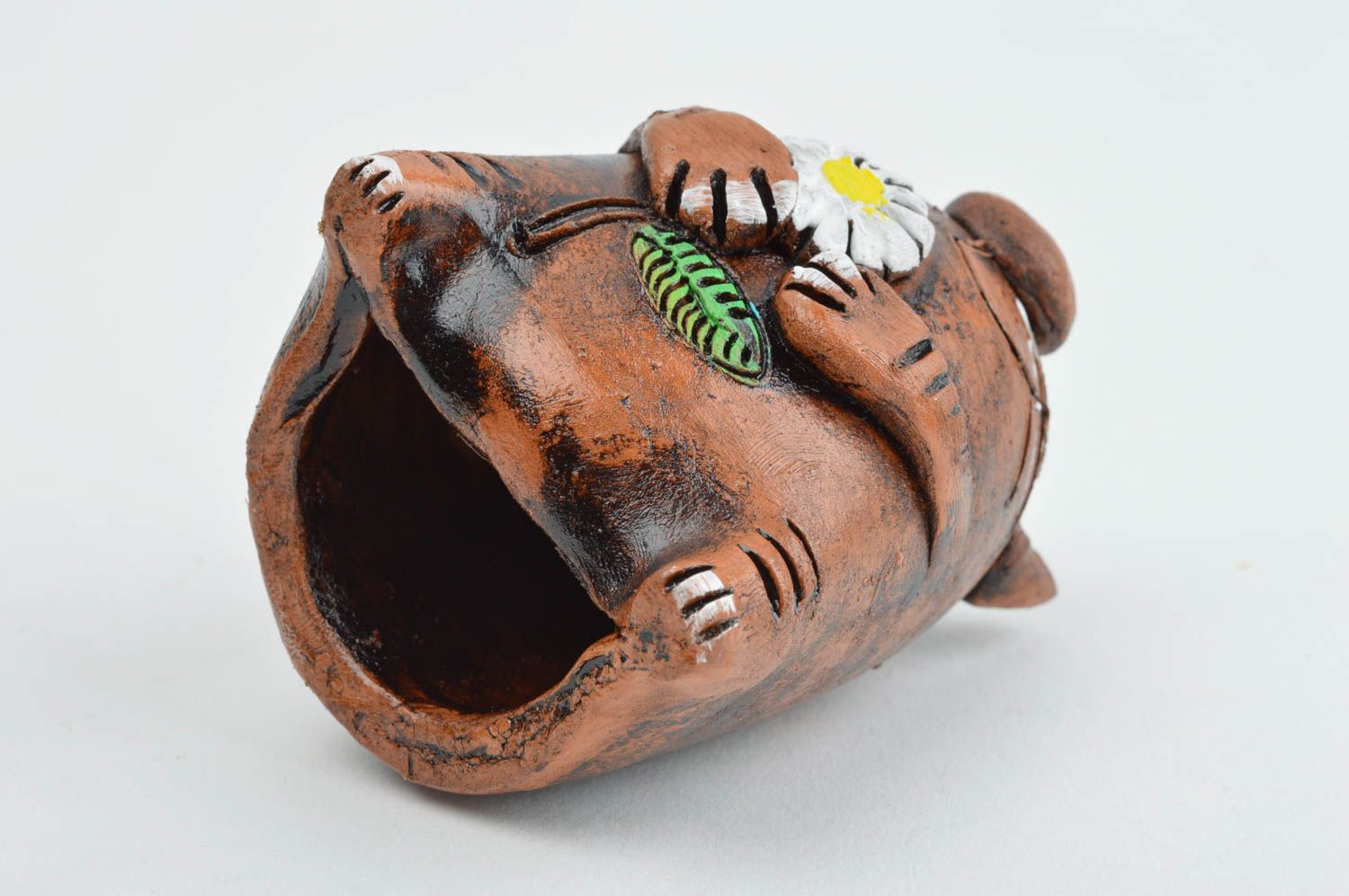Figura de barro artesanal decoración de hogar regalo para amigo Gato con flor  foto 1