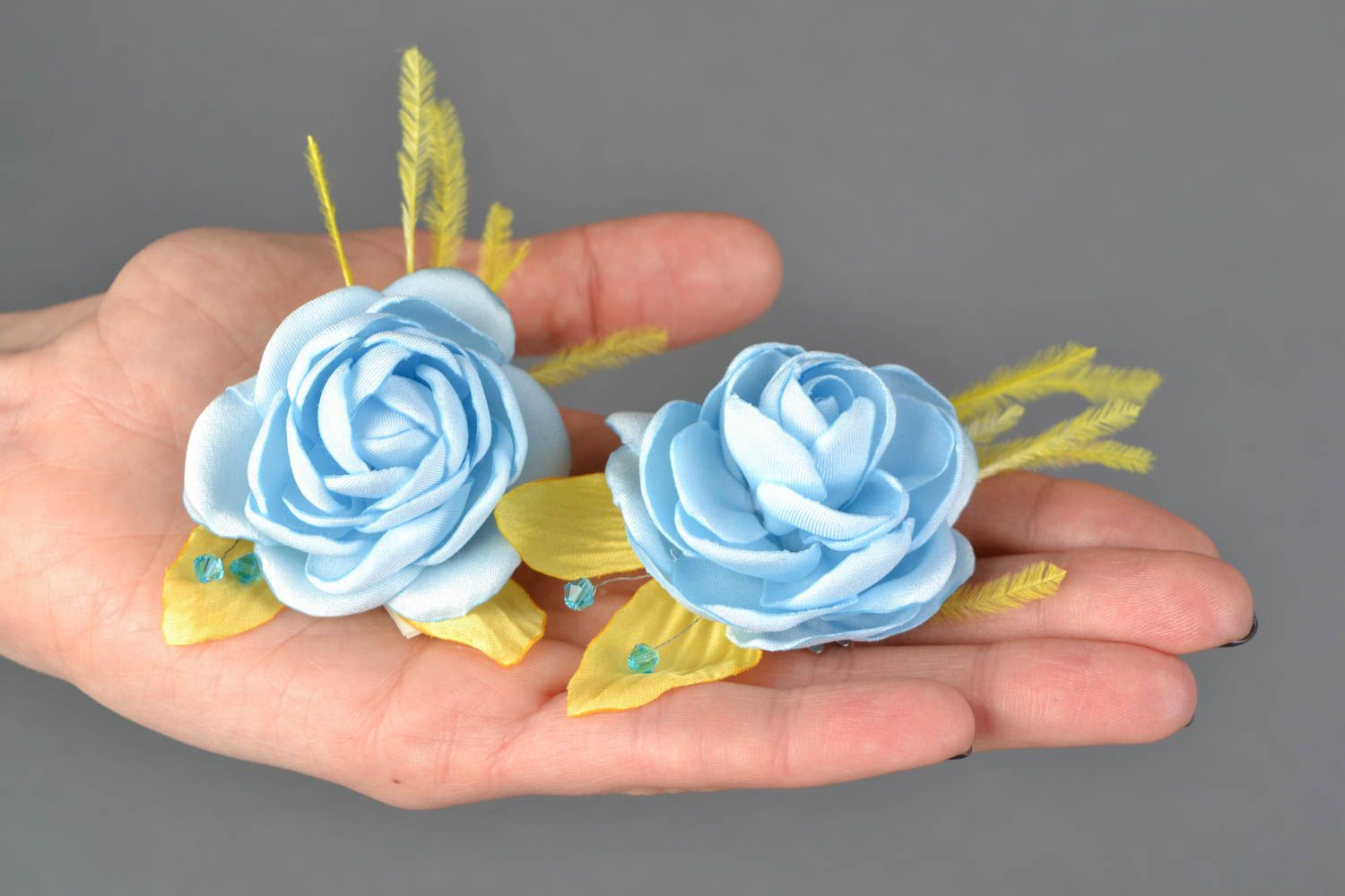 Handmade satin and chiffon hair clips 2 items Blue Rose photo 2