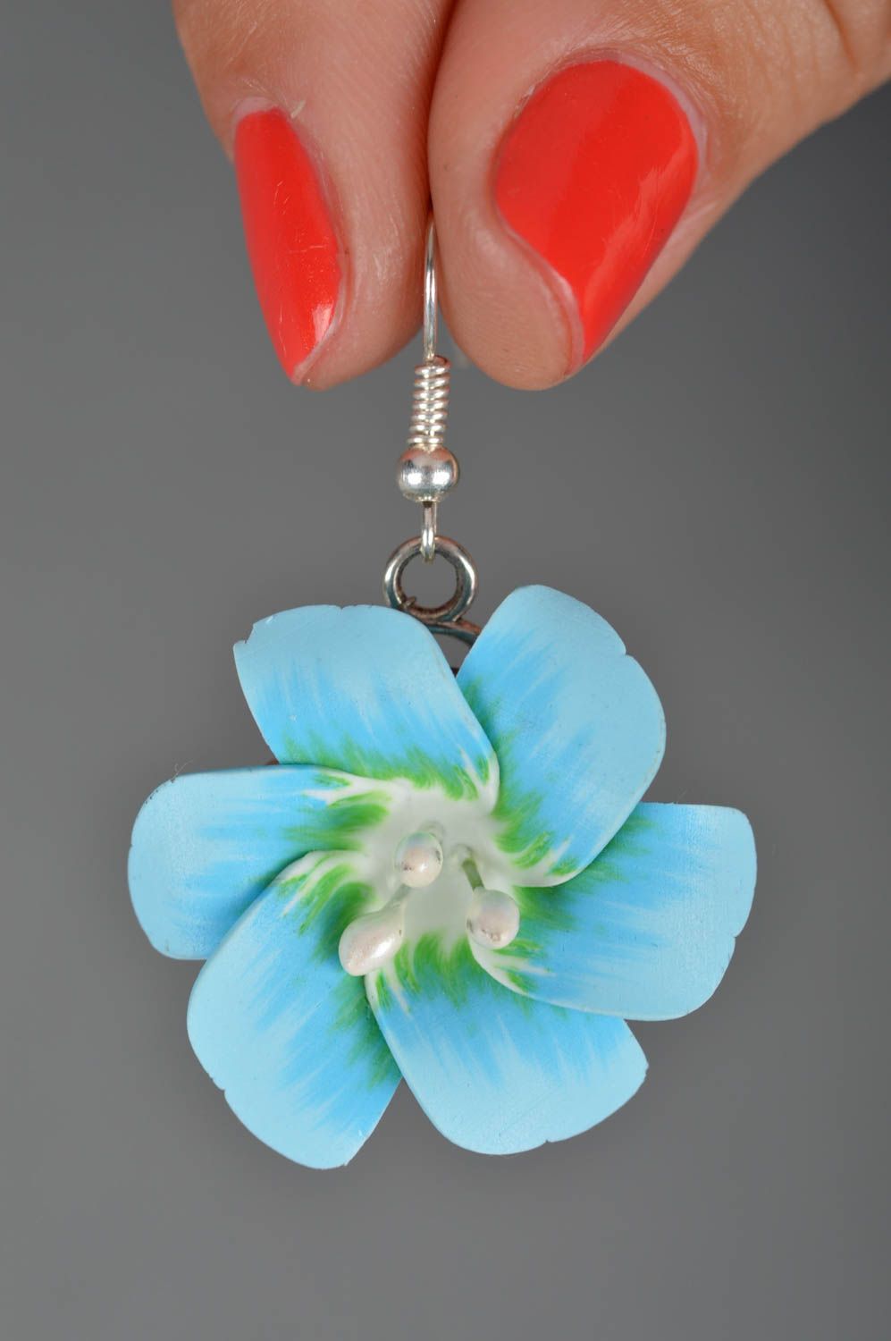 Beautiful homemade designer polymer clay flower earrings of gentle blue color photo 3