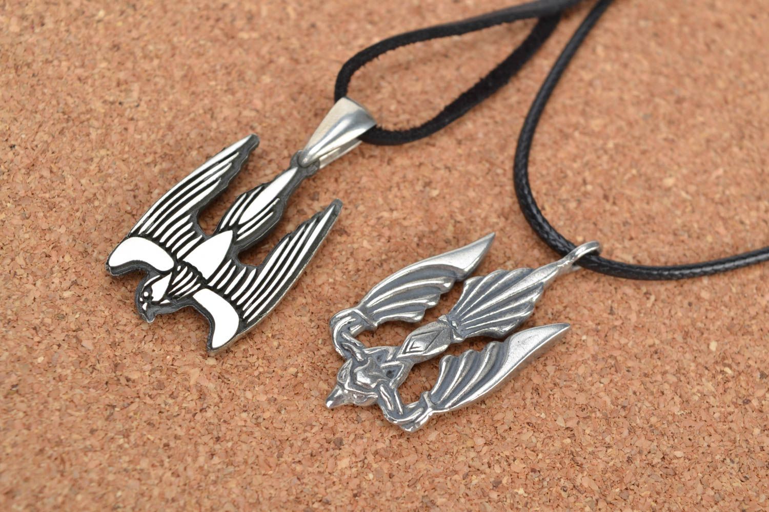 Handmade unusual design metal neck pendants set 2 pieces on cords Birds photo 3