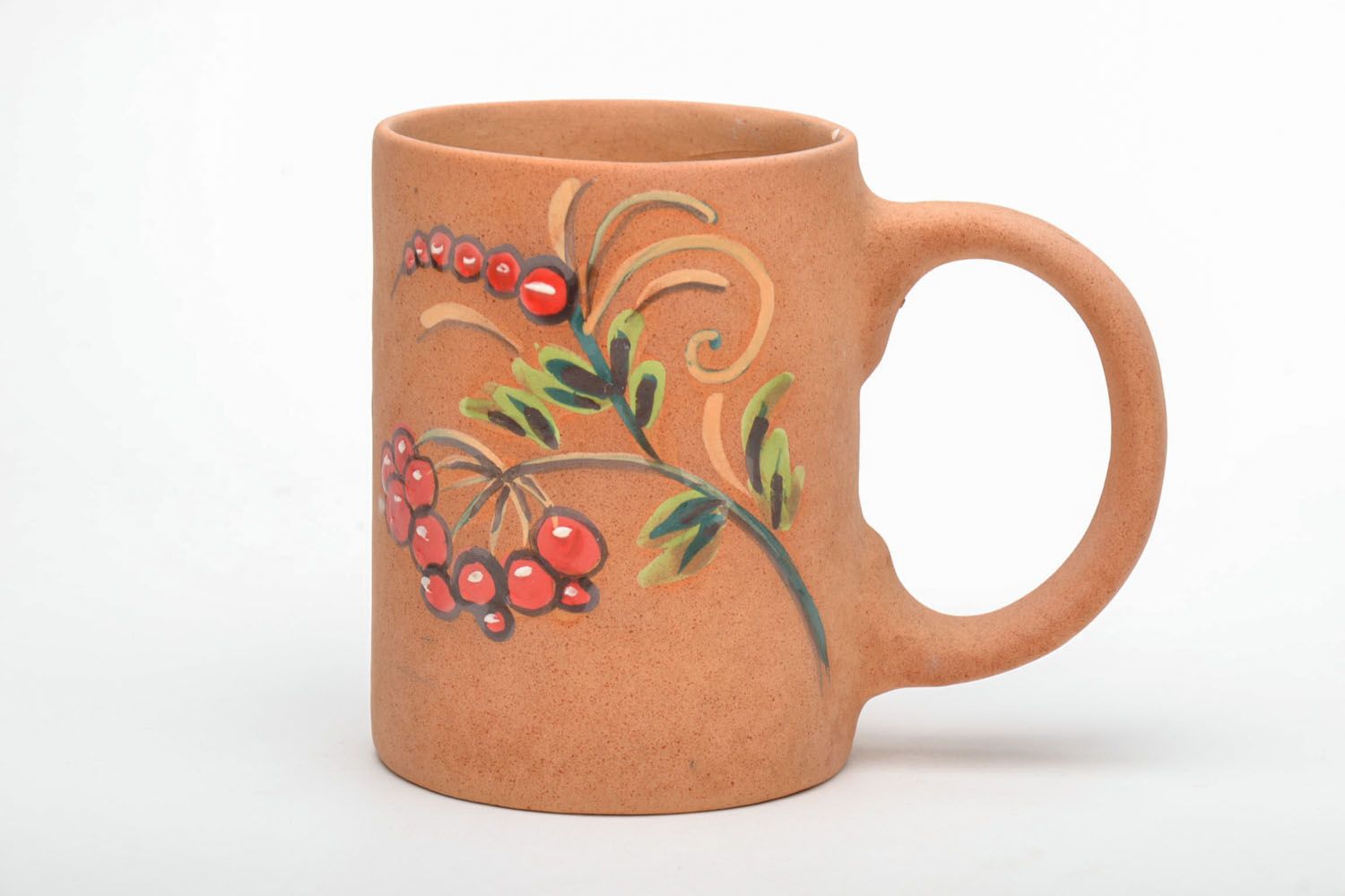 Handmade natural clay glazed coffee mug with handle and hand-painted floral pattern photo 2