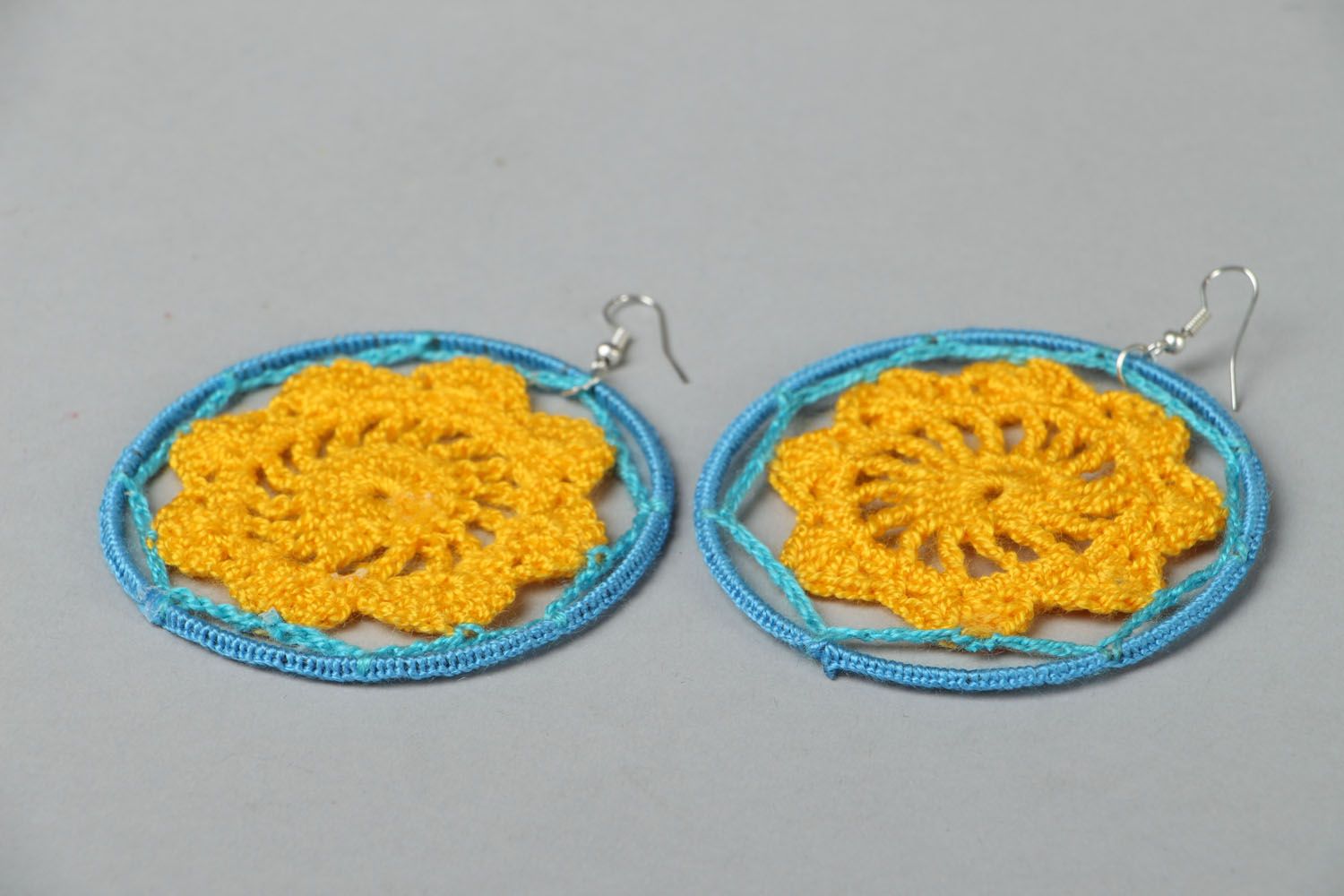 Round crochet earrings Blue and Yellow photo 2