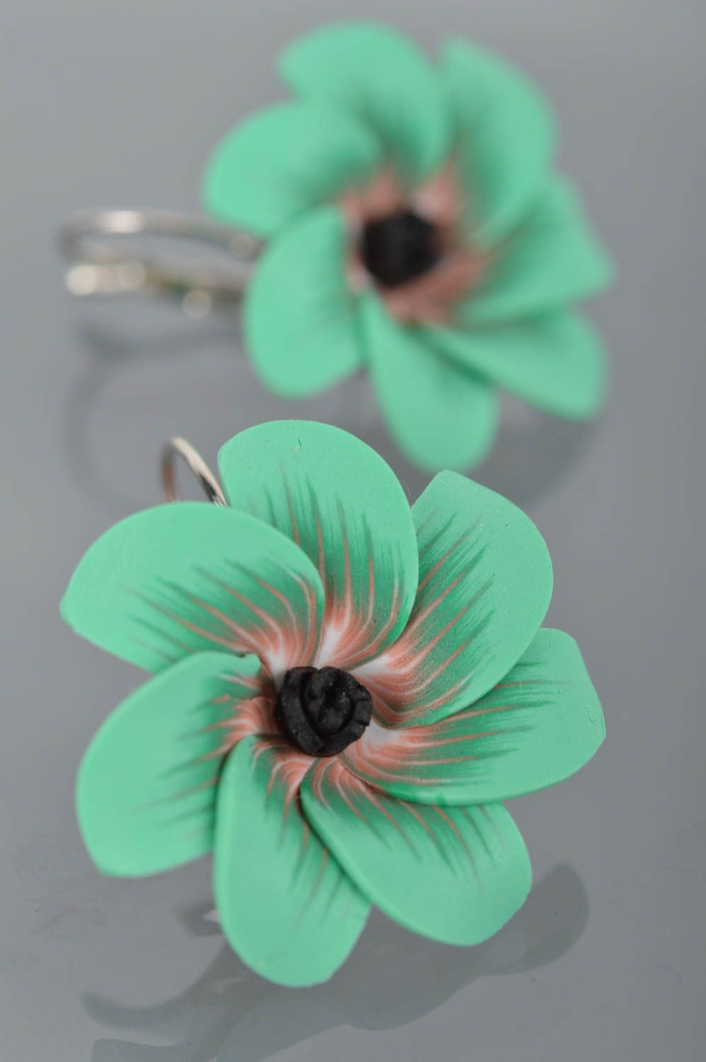 Handmade green big beautiful cute flower earrings made of polymer clay  photo 4