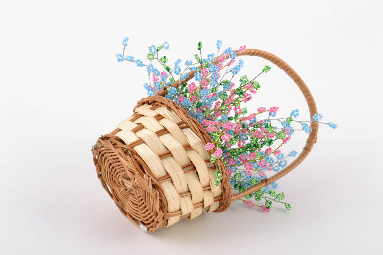 Small basket with handmade bright colorful artificial flowers woven of beads photo 4