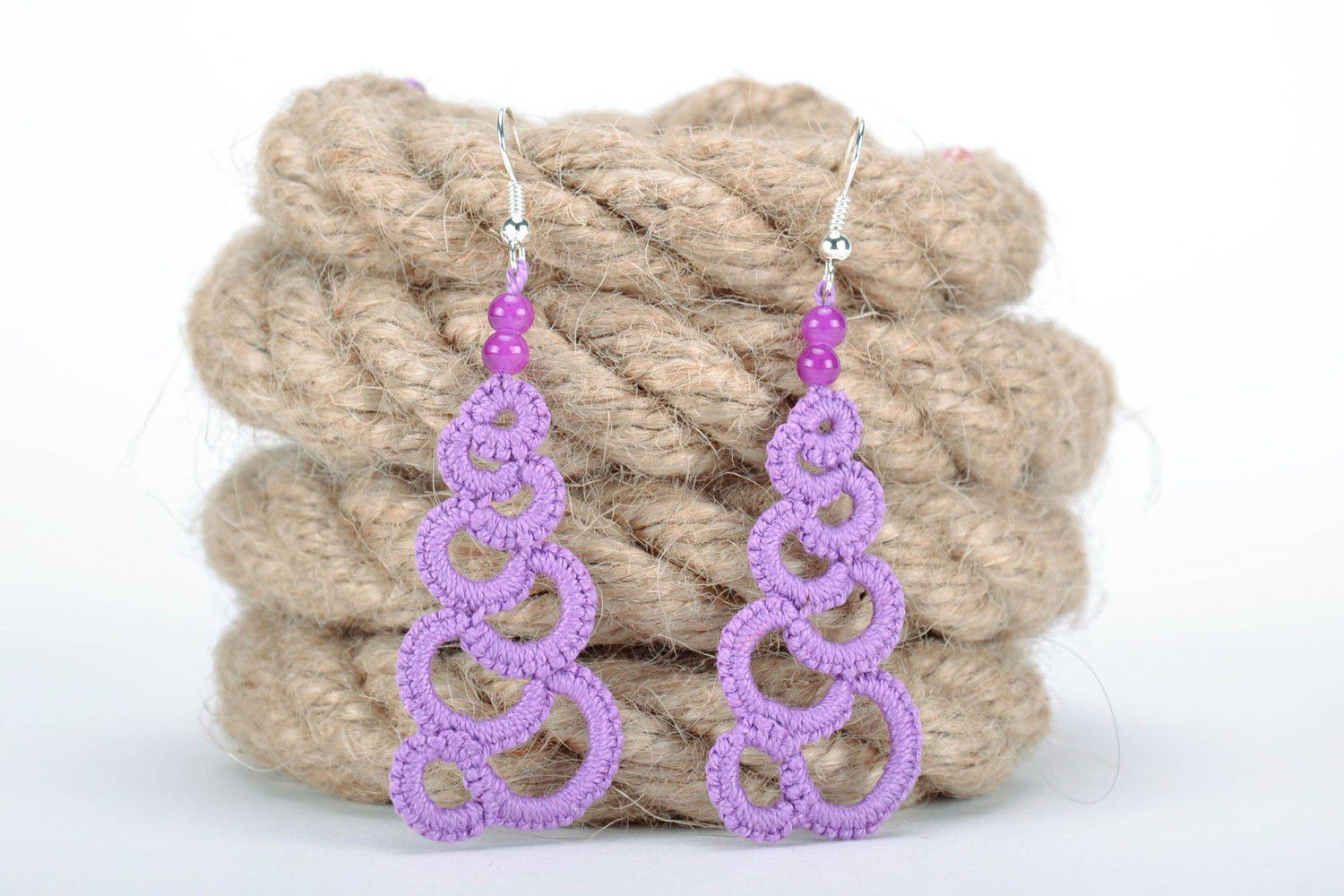 Lilac earrings made from woven lace photo 3