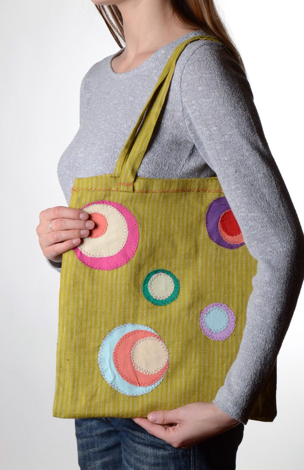 Grand sac à main cabas fait main en tissu design original cercles de créateur photo 1