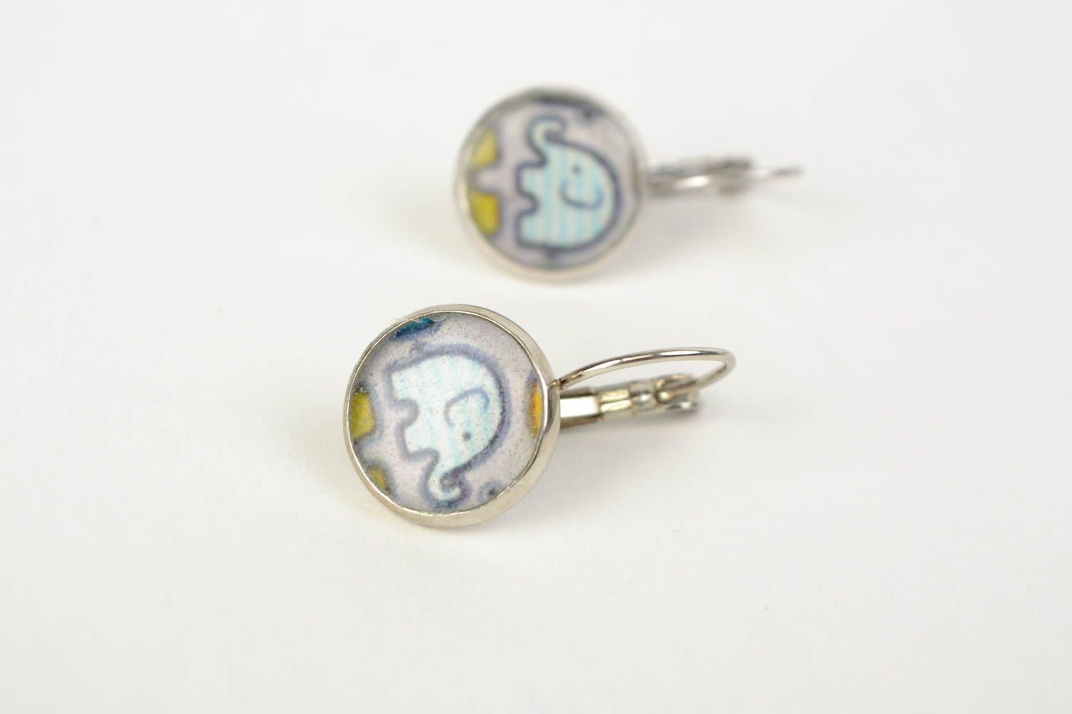 Handmade earrings with decoupage print coated with jewelry resin Elephants photo 4