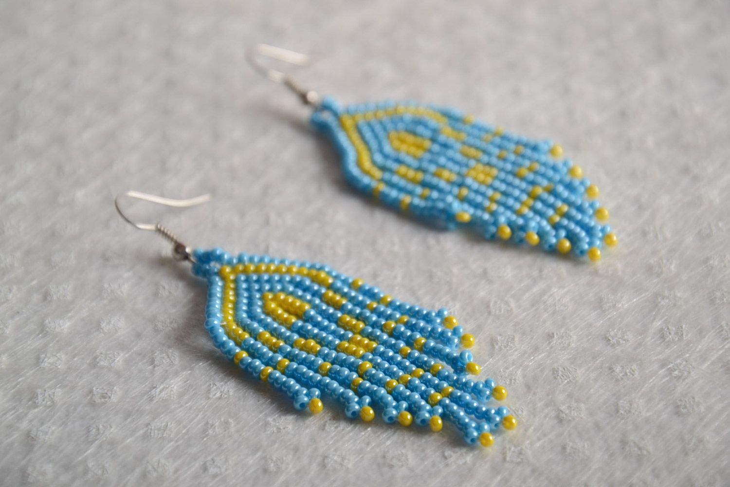 Bright festive handmade beaded earrings created using mosaic weaving photo 1