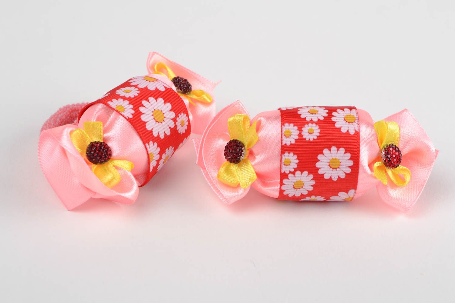Ensemble d'élastiques à cheveux roses à motif floral faits main 2 pièces Bonbons photo 3