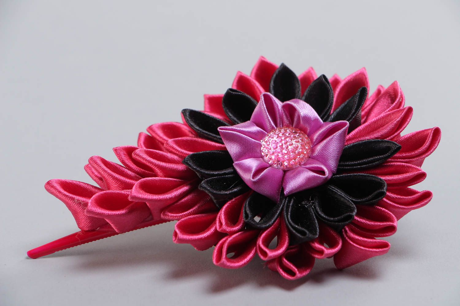 Large women's bright handmade satin ribbon flower hair clip photo 3