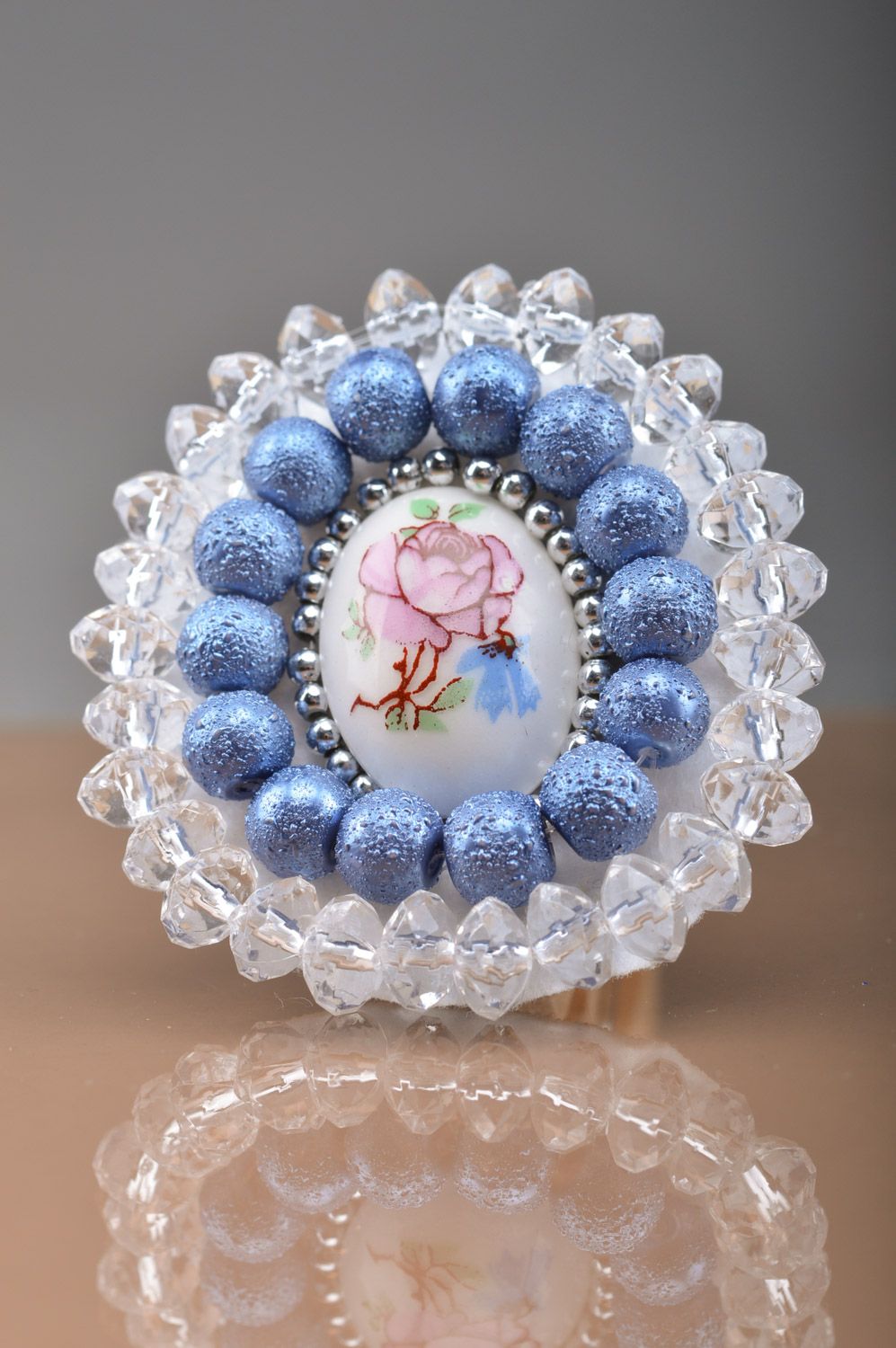 Handmade round bead embroidered brooch with cameo in tender color palette photo 3