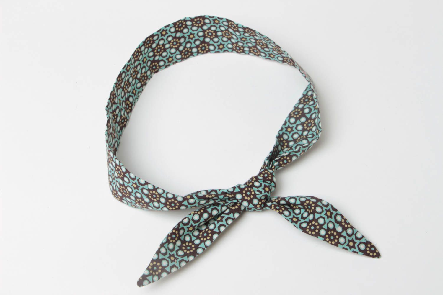 Handmade flexible colorful fabric dolly bow headband in blue and brown colors photo 4