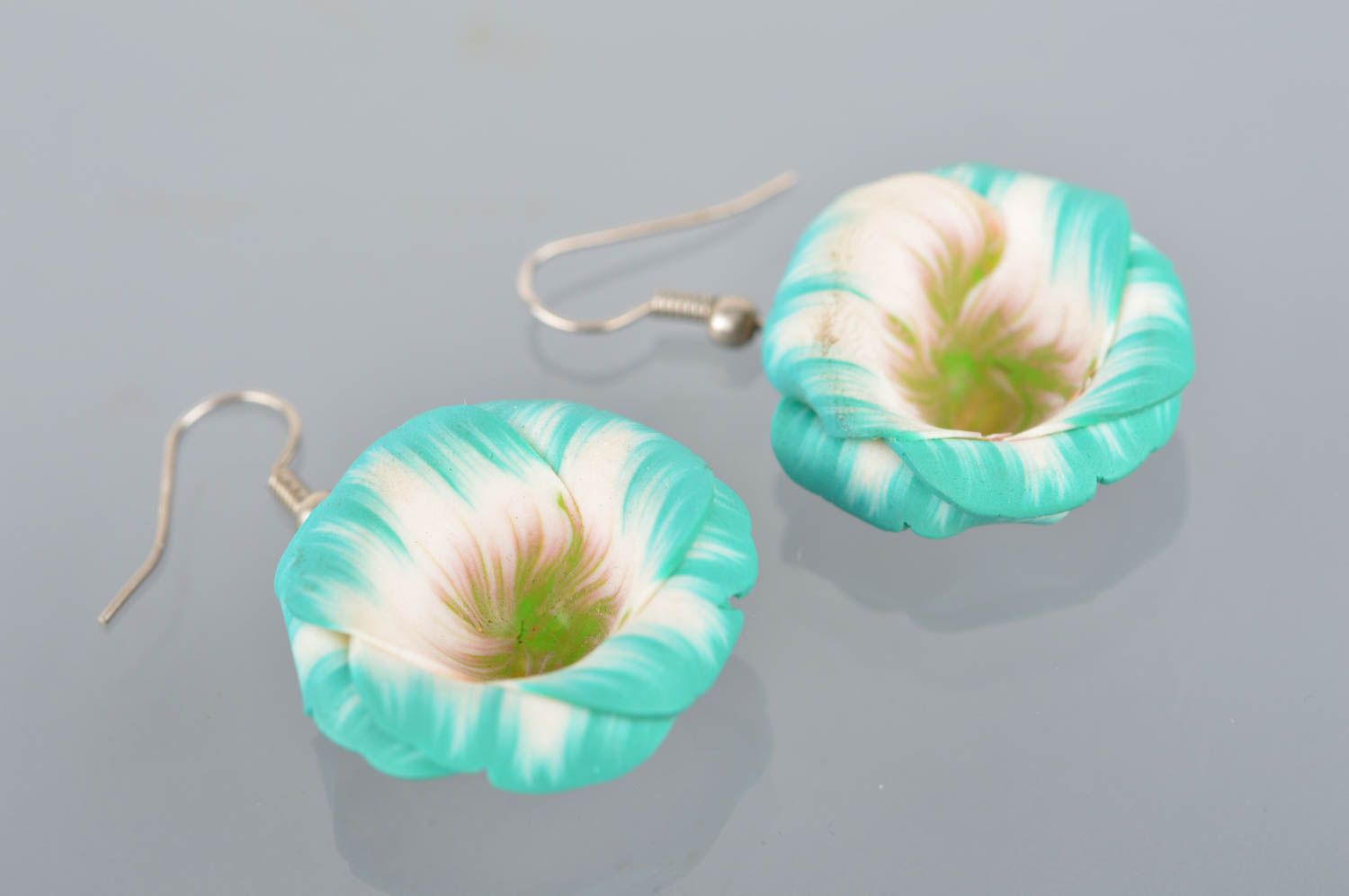 Polymer clay handmade blue and white beautiful earrings with flowers present photo 2