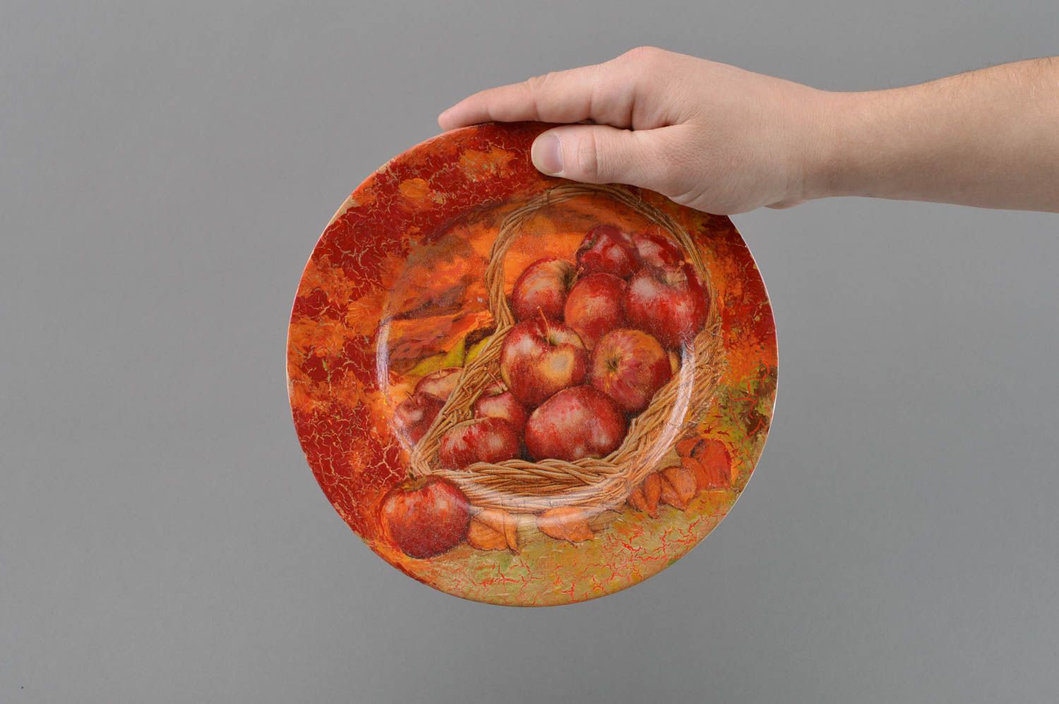 Decorative bright round glass decoupage plate handmade apples in basket photo 4