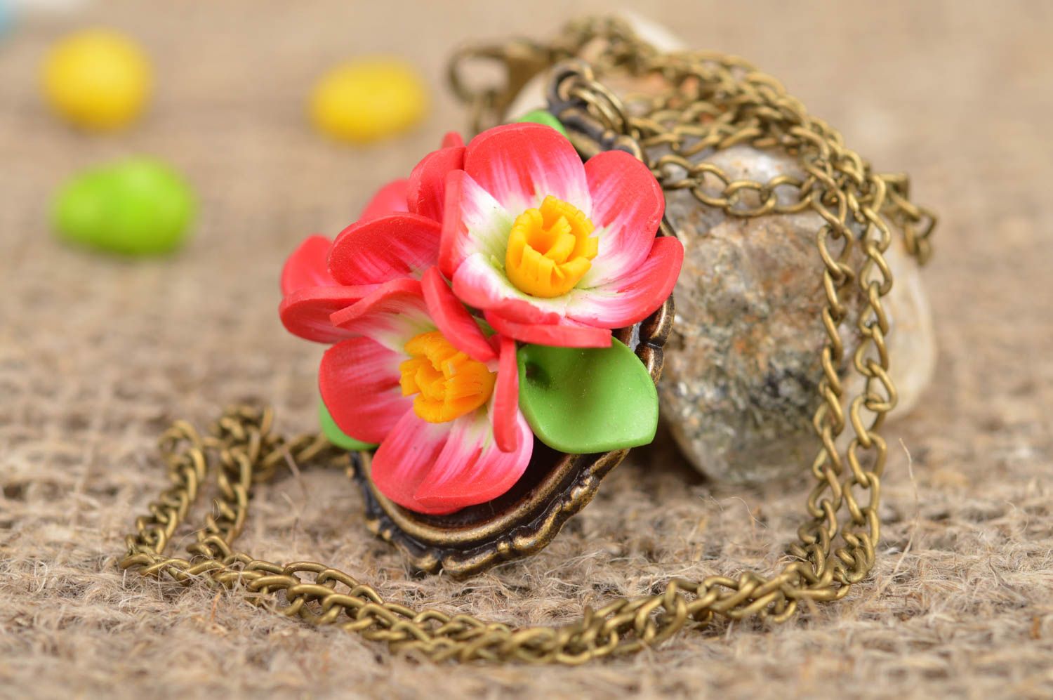 Handmade stylish pendant made of polymer clay on chain with pink flowers photo 1