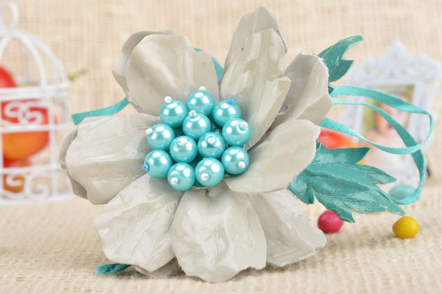 Beautiful festive handmade light leather brooch in shape of flower with beads photo 1