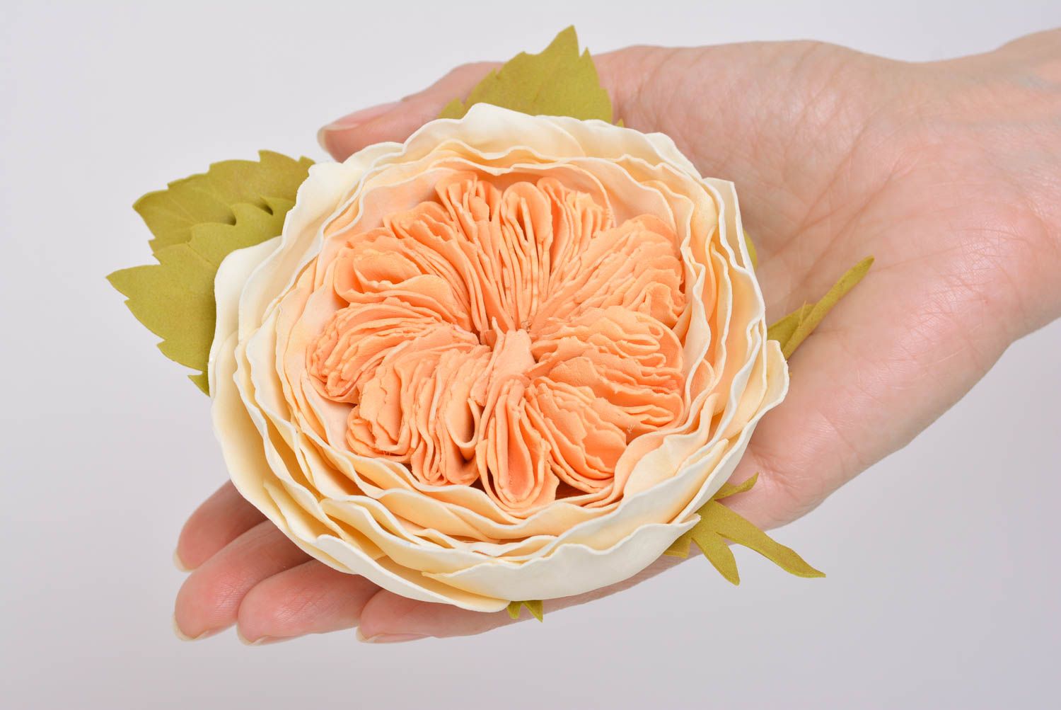 Designer elastic hair band with handmade volume foamiran flower of peach color photo 3
