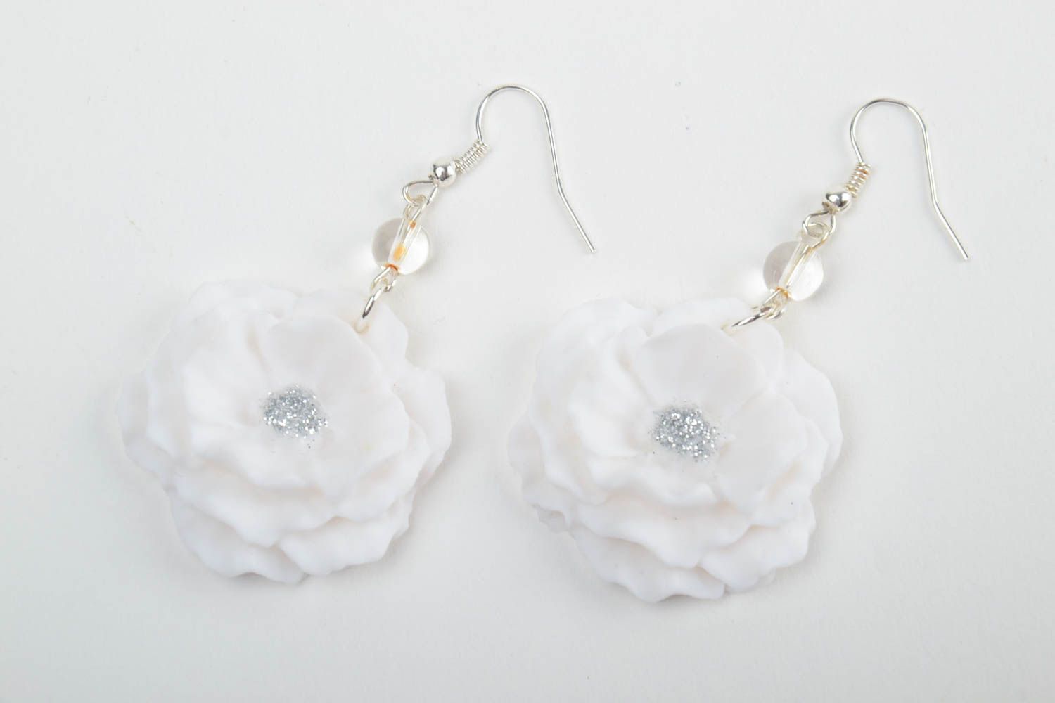 Handmade tender snow white polymer clay floral dangling earrings with rhinestones photo 3