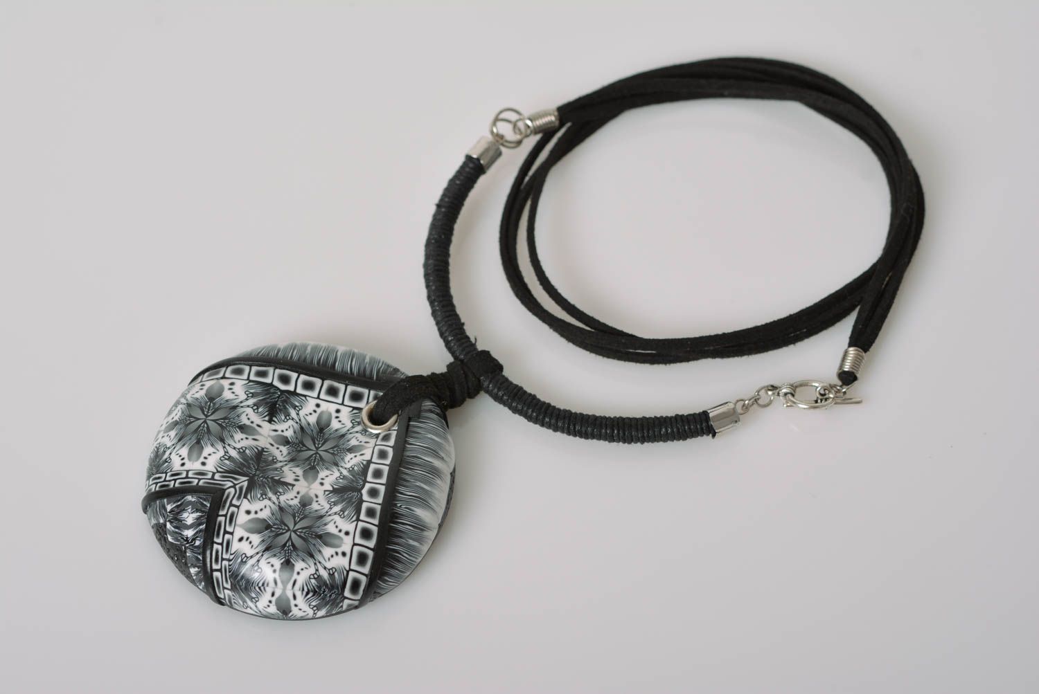 Beautiful handmade designer polymer clay neck pendant on cord photo 1