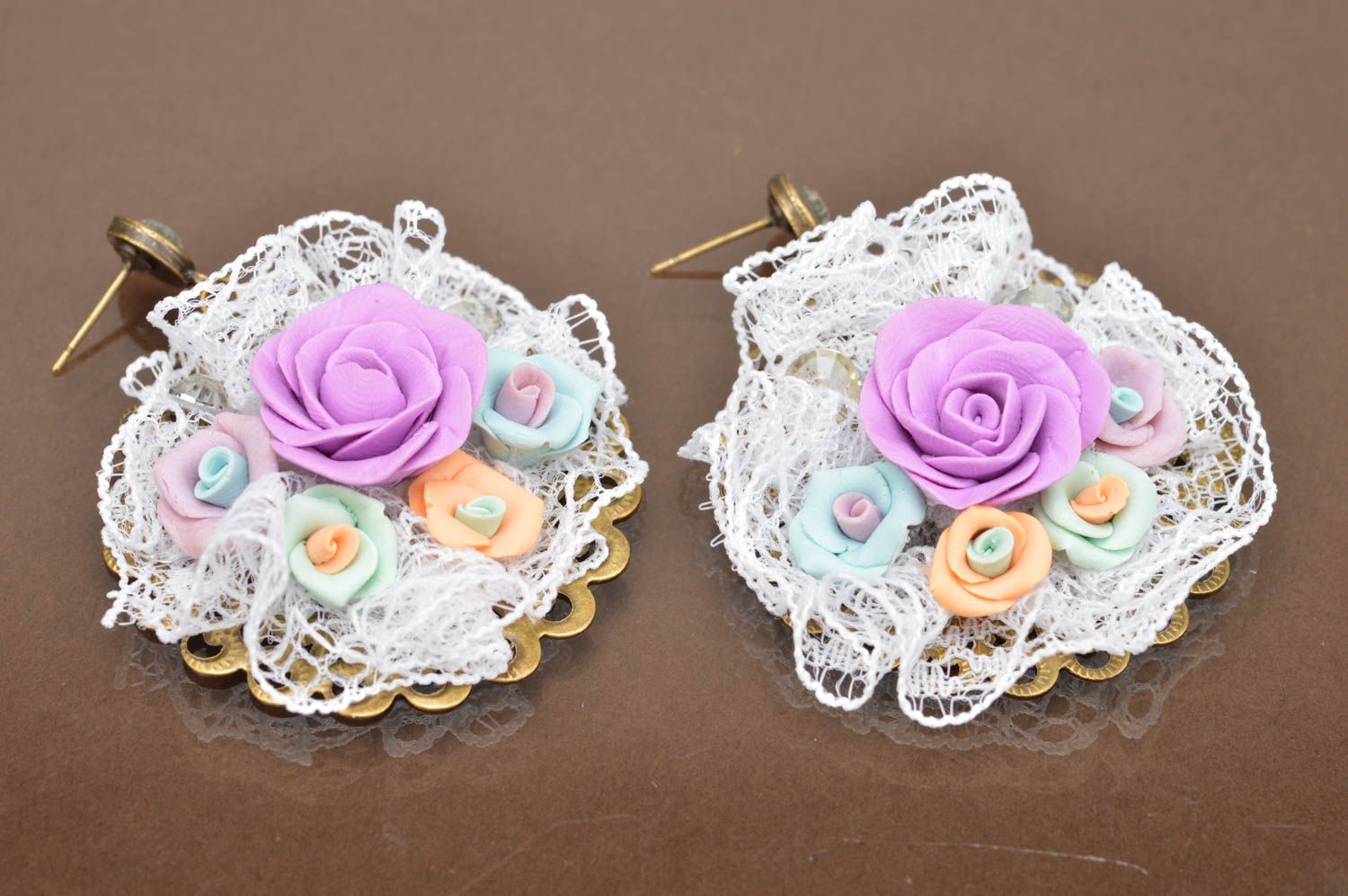 Beautiful bright handmade designer polymer clay flower stud earrings Roses photo 2
