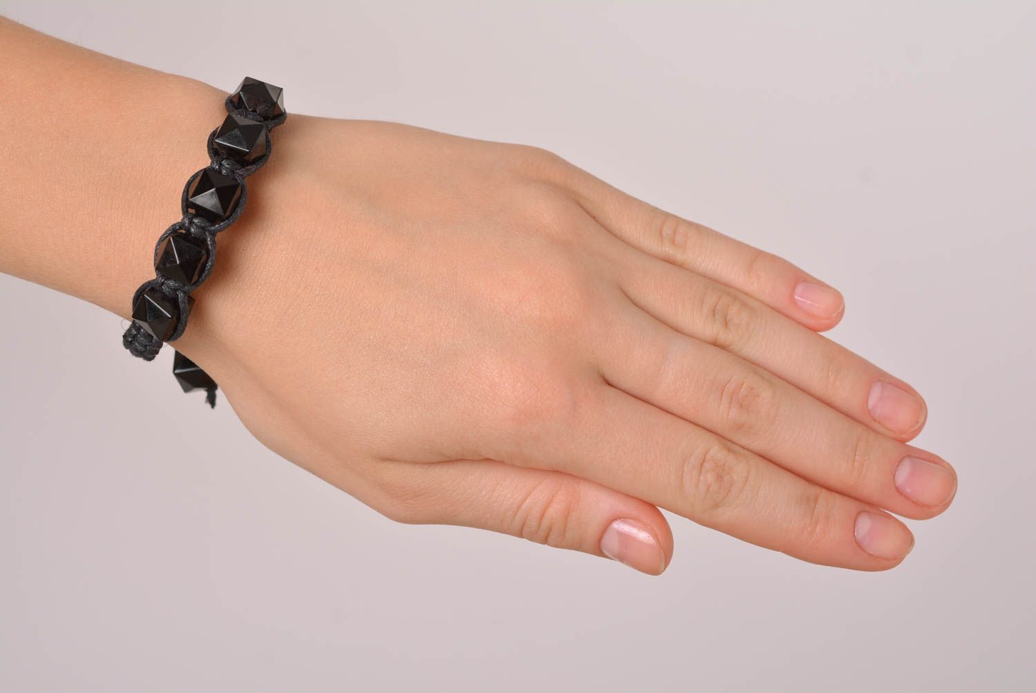 Black cord square black beads strand bracelet for men photo 2