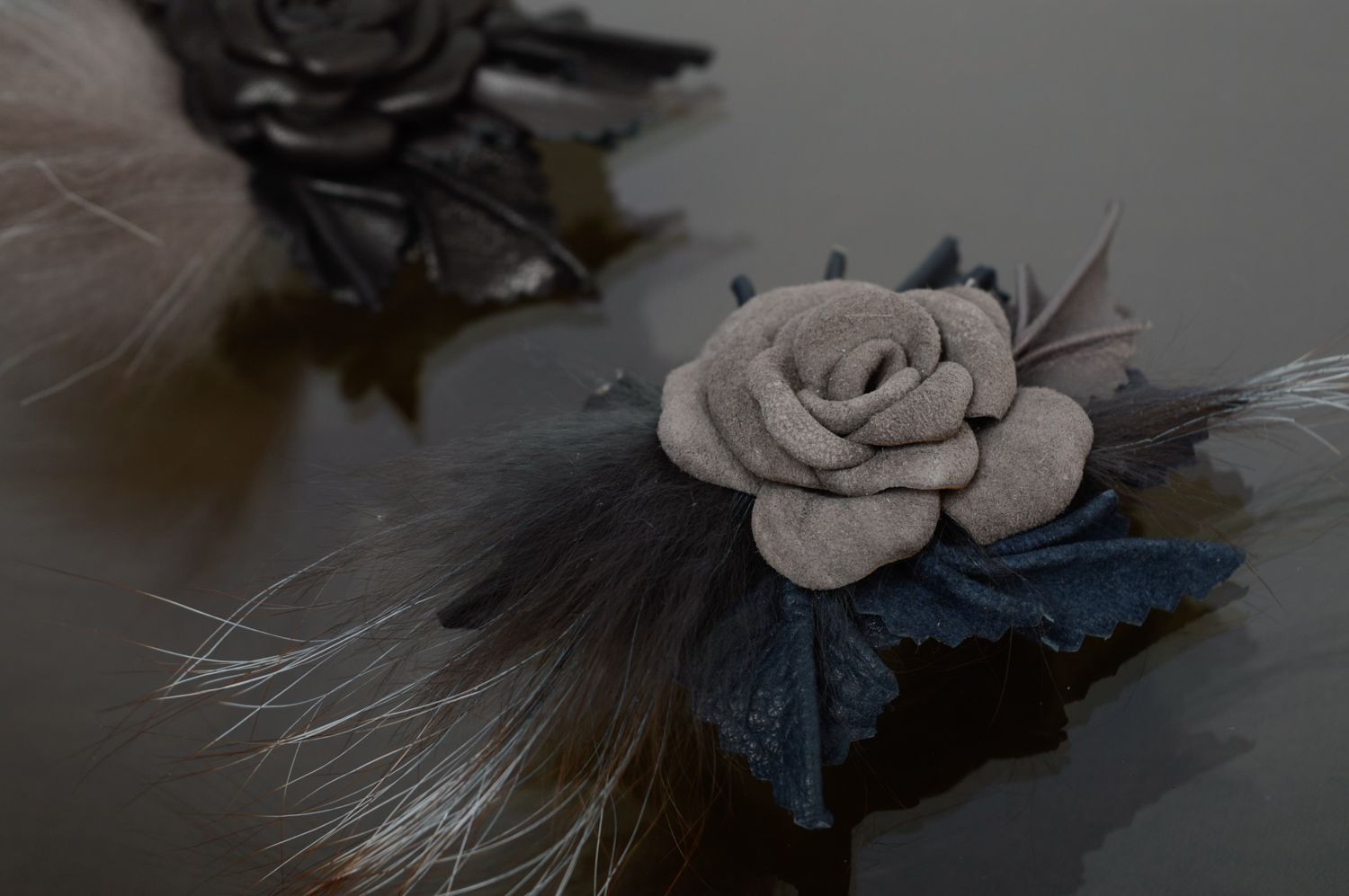 Gray fur and leather flower brooch-hair clip photo 5