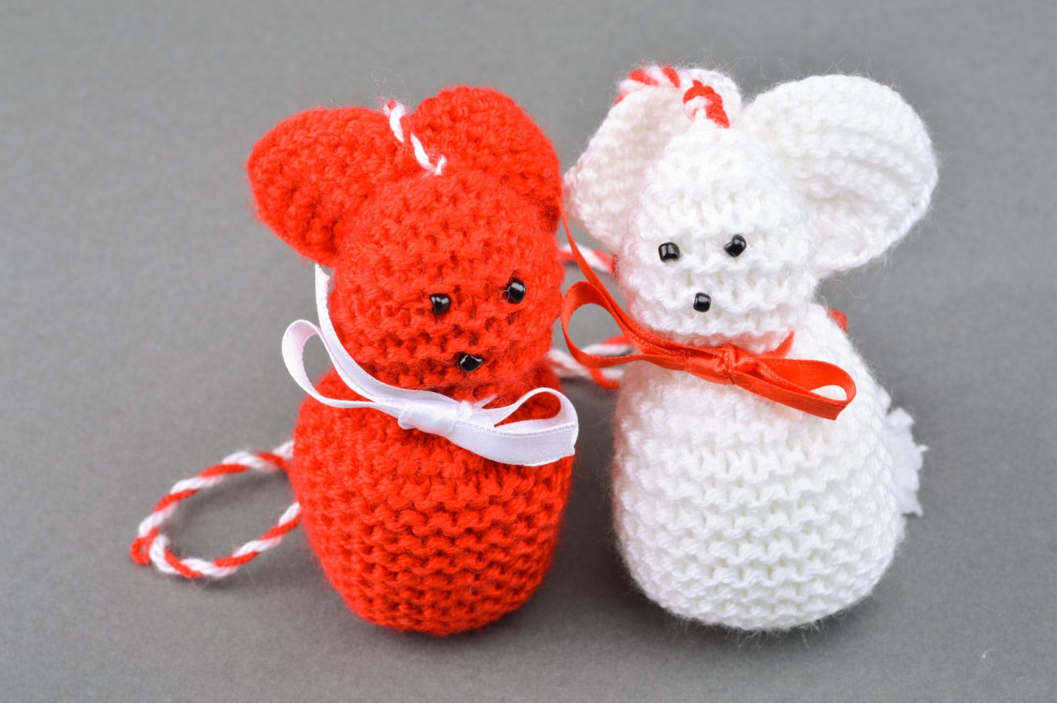 Handmade soft toy knitted of semi-woolen threads white and red rabbits  photo 5