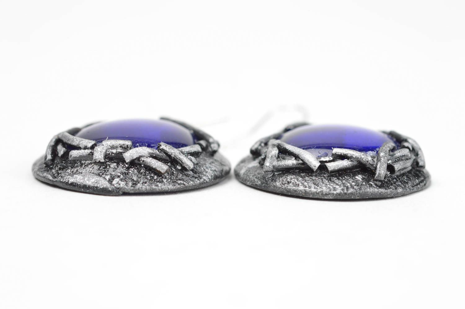 Модные синие серьги ручной работы из полимерной глины круглые фурнитура металл фото 3