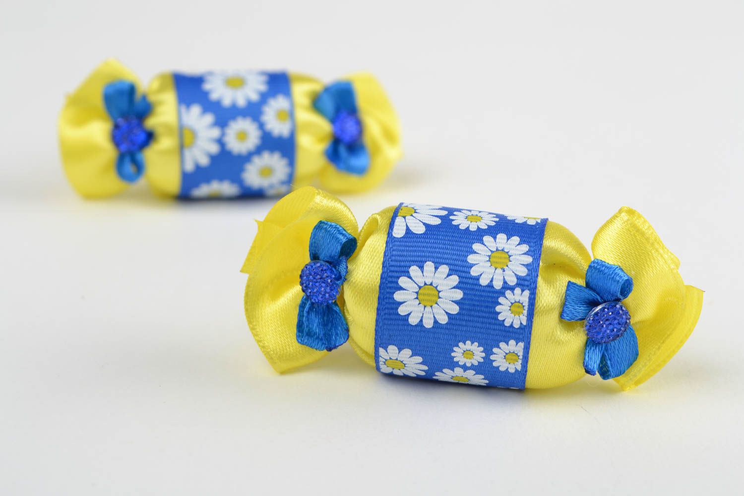 Bright handmade designer textile ribbon hair ties set 2 pieces blue and yellow photo 1