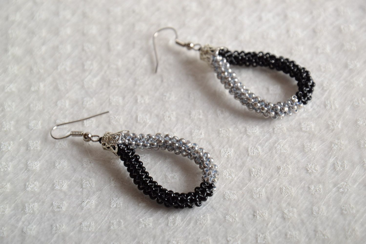 Gray and black elegant handmade beaded earrings woven of Czech beads photo 1