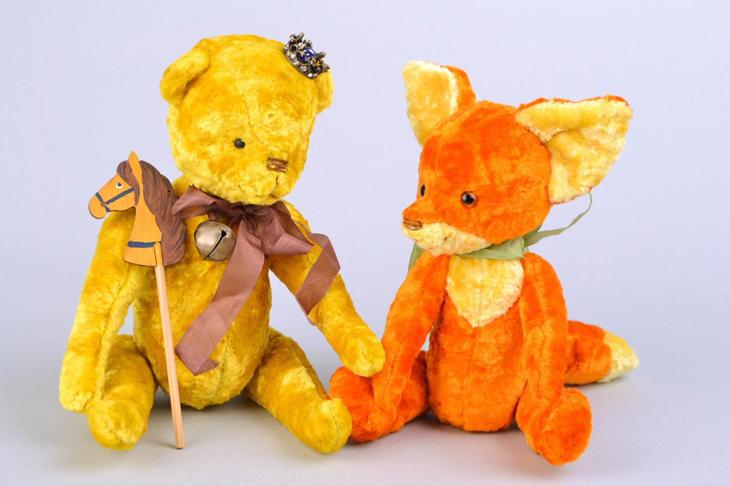 Handmade vintage designer soft plush toys of orange and yellow colors Fox and Bear photo 4