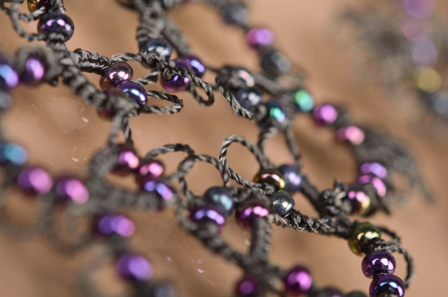 Black and violet handmade woven tatting earrings with beads photo 4