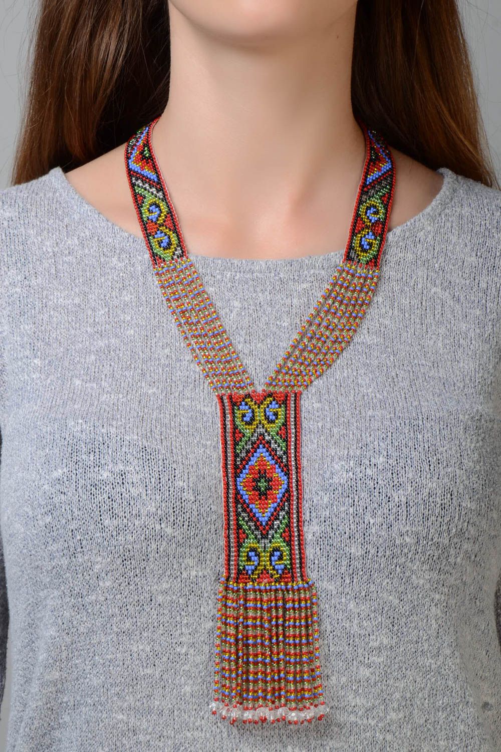 Collier en perles de rocaille multicolore style ethnique avec frange fait main photo 1