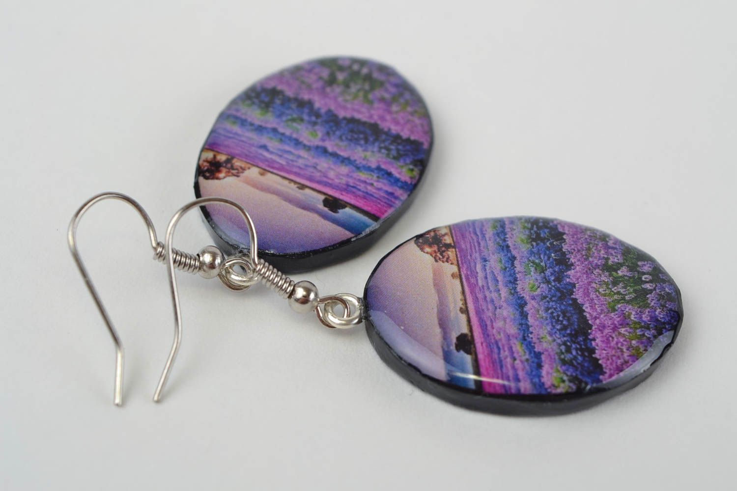 Stylish handmade designer polymer clay oval earrings with decoupage Landscape photo 5