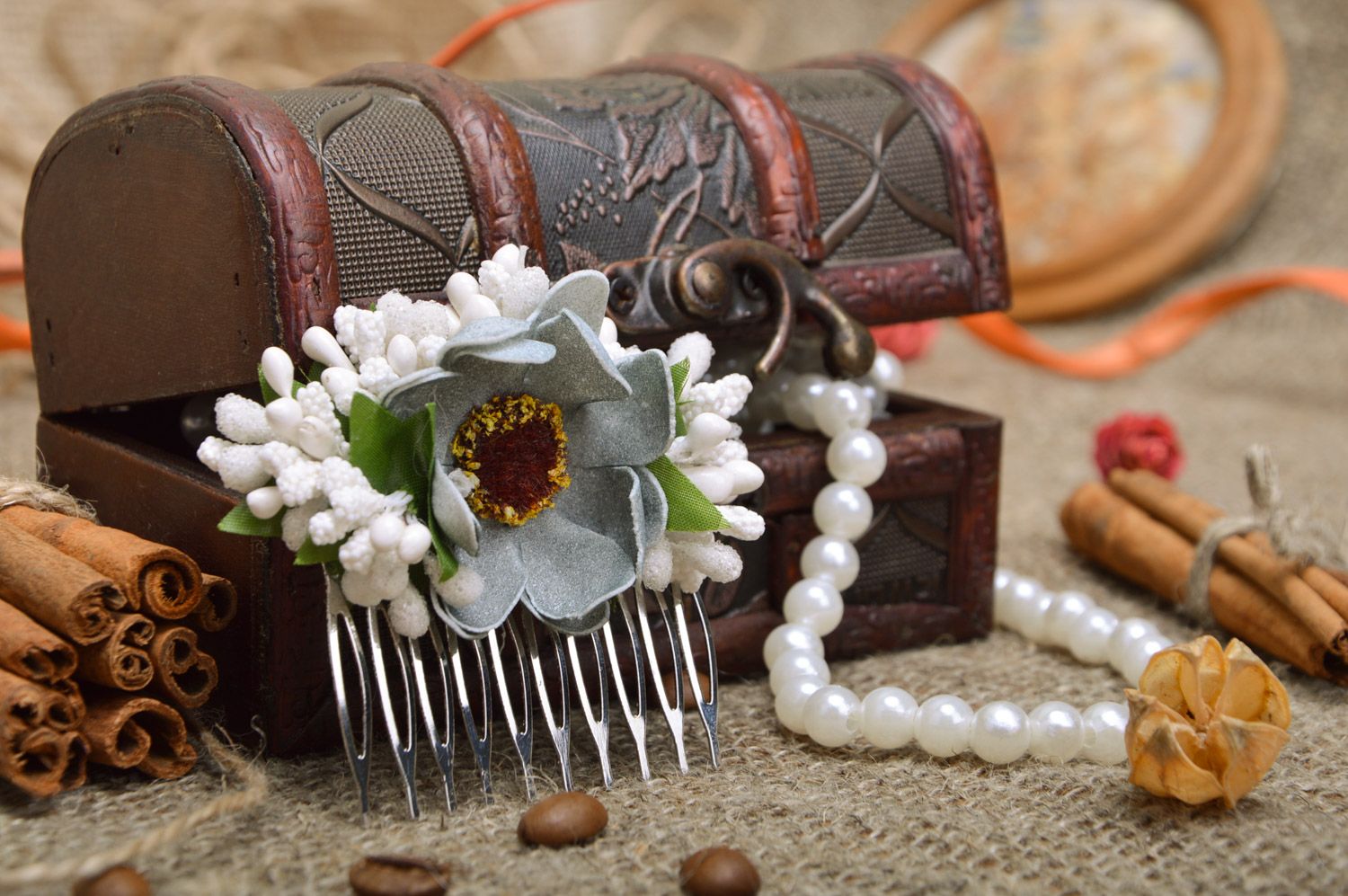 Conjunto de peines para el pelo 3 piezas con flores artificiales artesanales foto 1