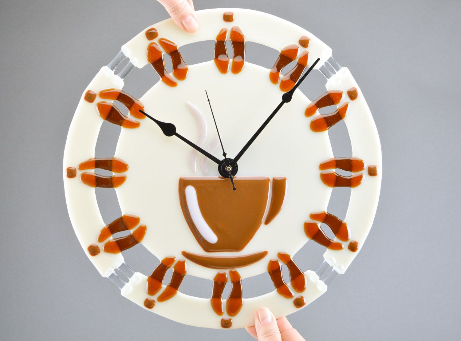 Handmade interior fusing glass wall clock of round shape Coffee for kitchen photo 3