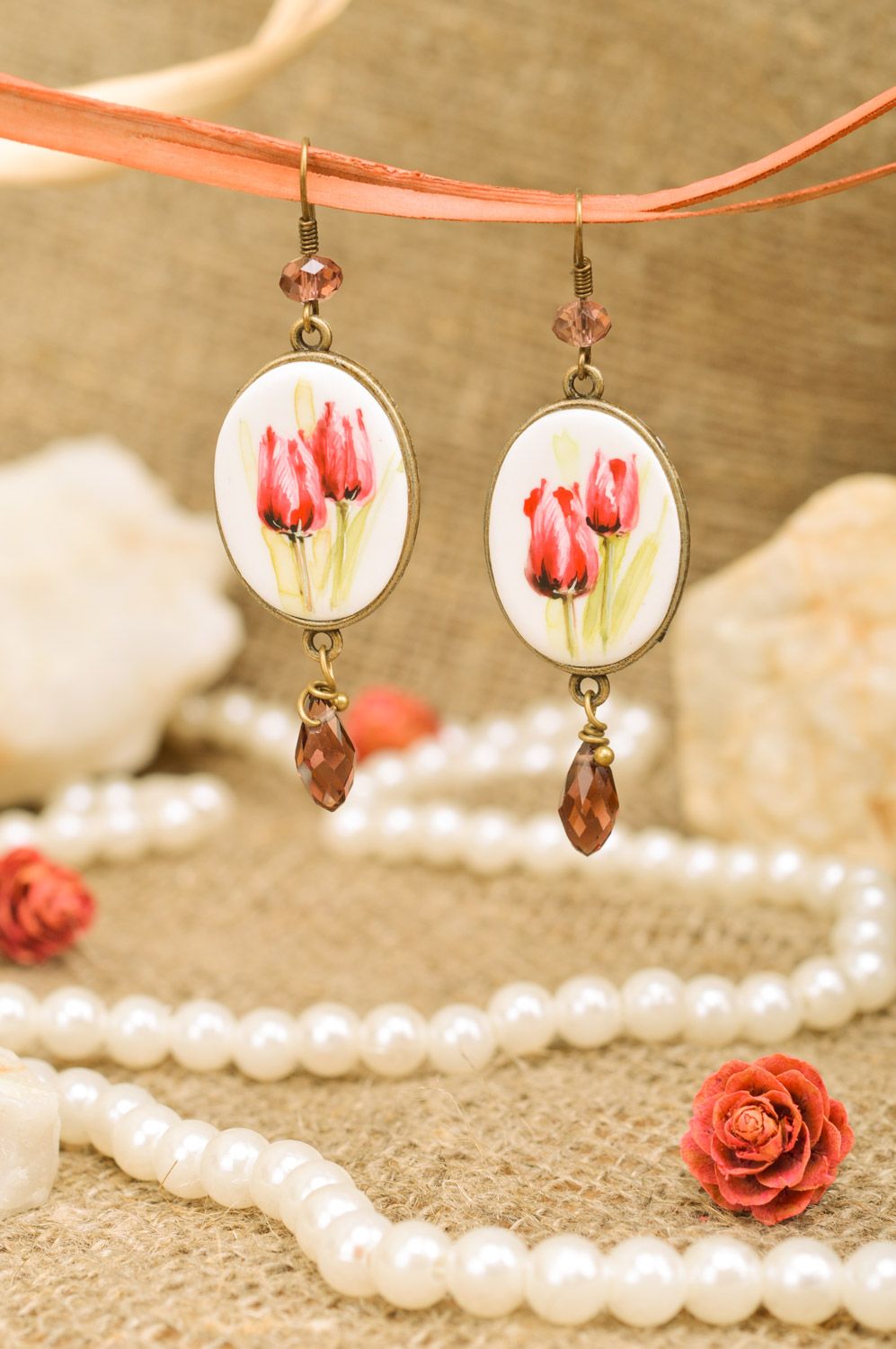Handmade long metal earrings with tiny painting Tulips photo 1