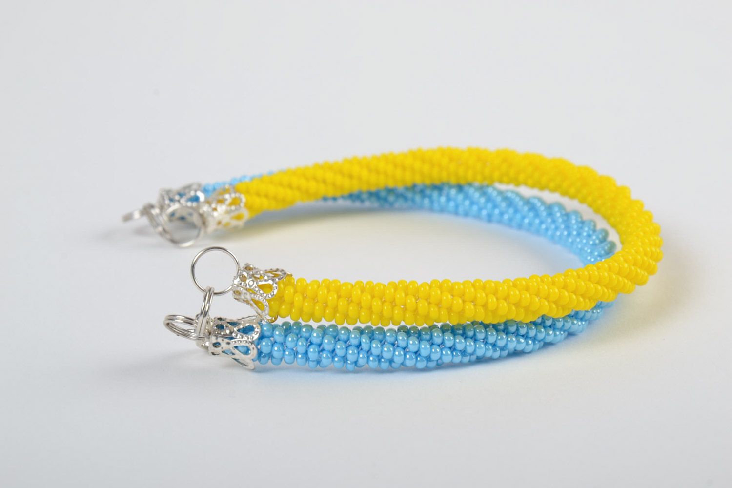 Handmade designer double cord bracelet made of Czech beads yellow with blue photo 4