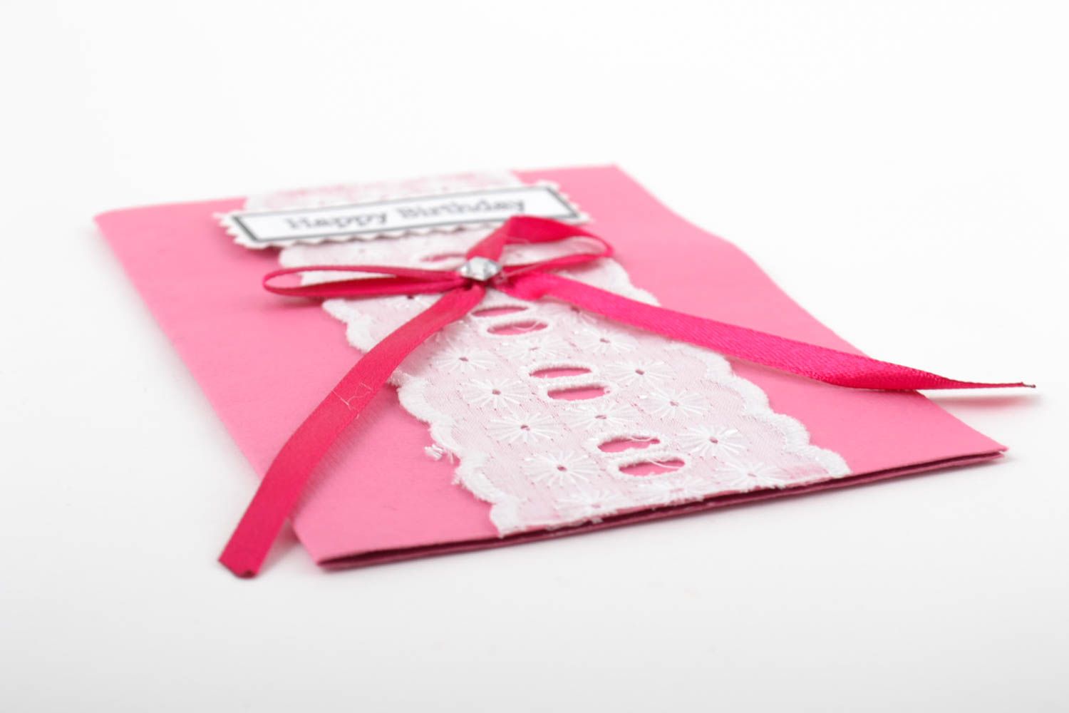 Tarjeta de felicitación regalo original postal hecha a mano rosada con lazo foto 4