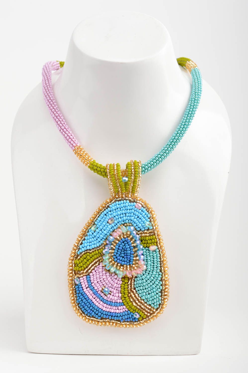 Handmade designer massive colorful beaded cord necklace with pendant photo 1